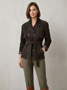 Vintage Genuine Suede Leather Belted Safari Jacket Brown US L 42 Quilted Lining